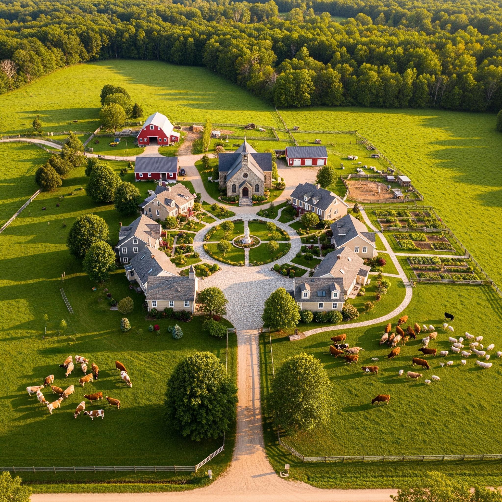 An aerial view of a conceptual village model surrounded by green fields and forests.